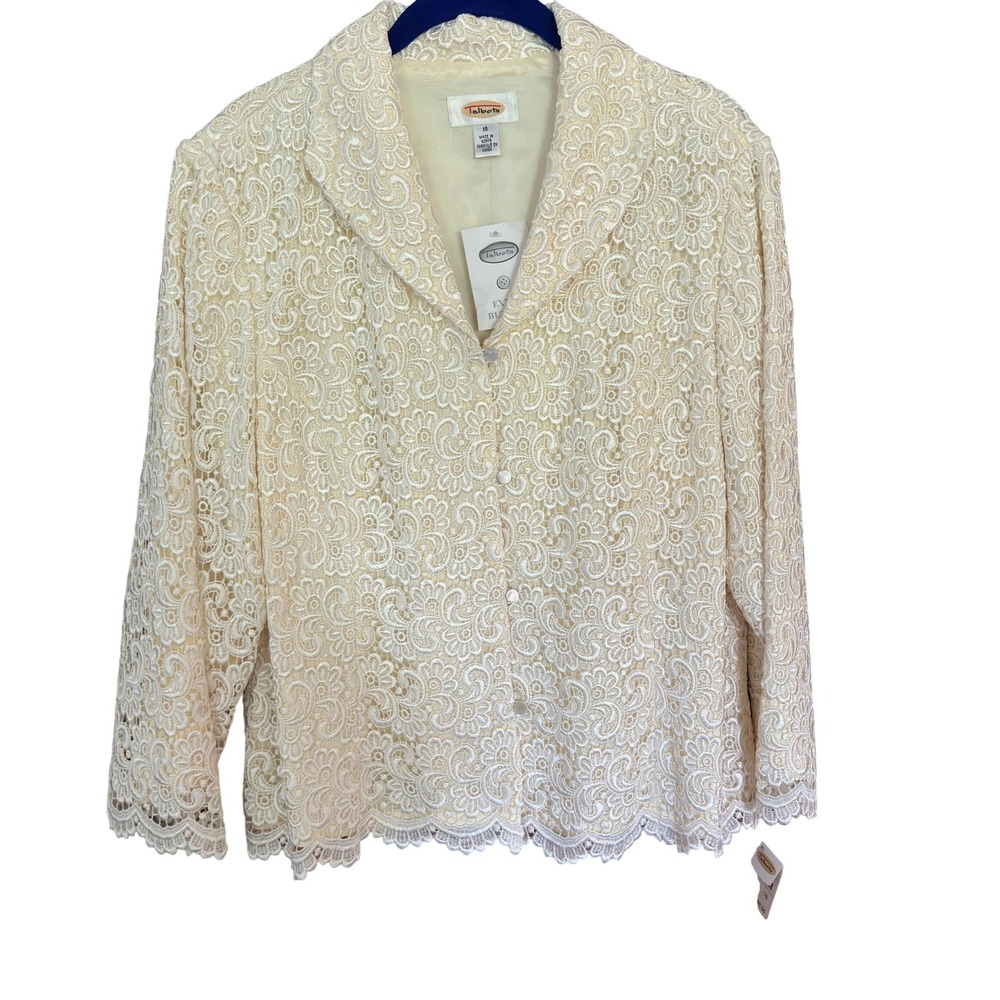Talbots Womens Guipure Lace Blazer Cream‎ Floral Scalloped Occasion Size 16 NWT